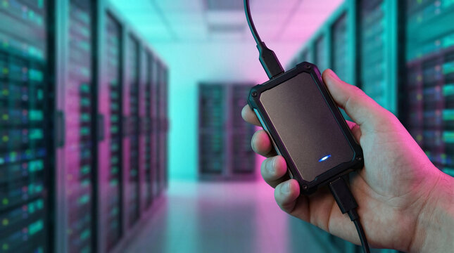 External SSD drive in hand with server room copy space