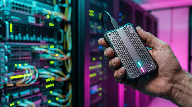 External SSD drive in hand with server room copy space