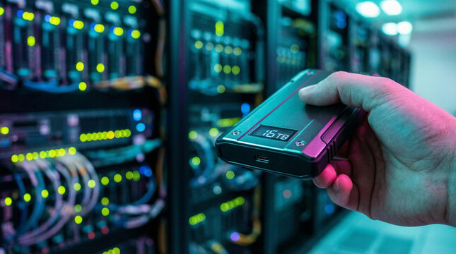 External SSD drive in hand with server room copy space