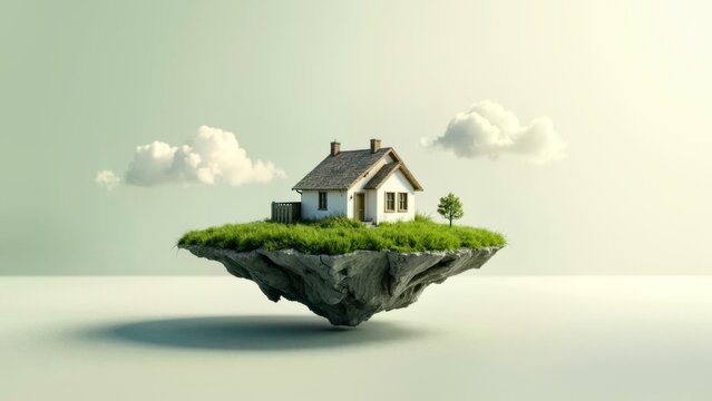 Suspended island wooden house cloud natural landscape