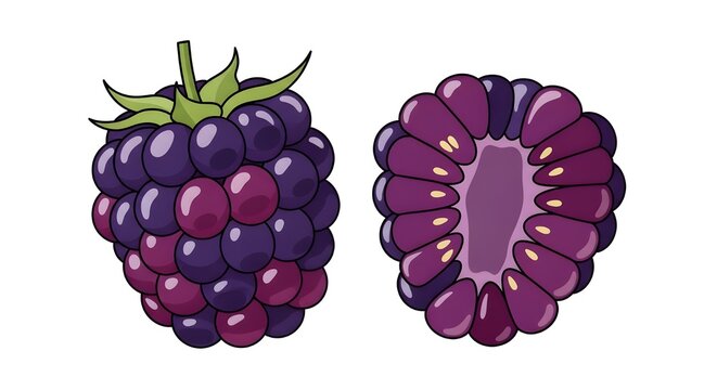 Detailed vector illustration of a whole dark purple blackberry and a longitudinal section showing the core. Isolated on white.