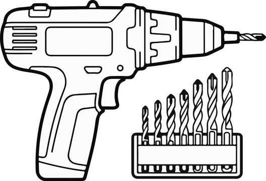 Line art illustration of a cordless drill and a set of assorted drill bits