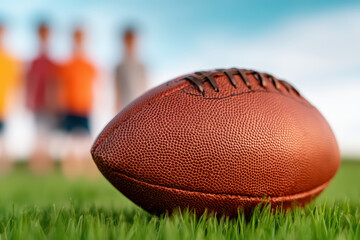 Obraz premium American football football sports ball leather texture close up grass field outdoor game sport equipment team sport blurred background athletic recreation competition brown laces textured surface