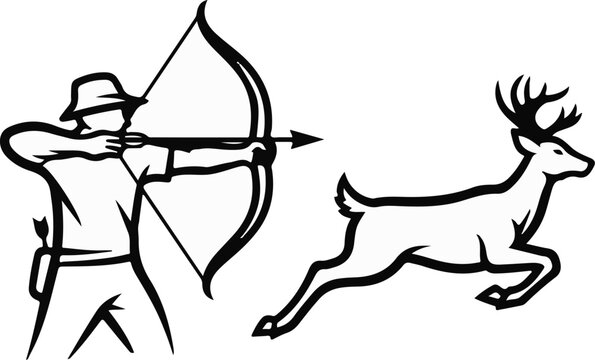 Hunter aims bow and arrow at running deer