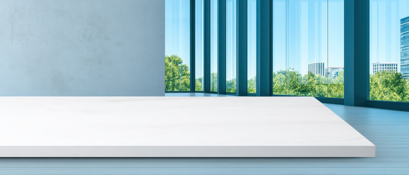 White empty table with modern glass window and city view background in bright room natural light