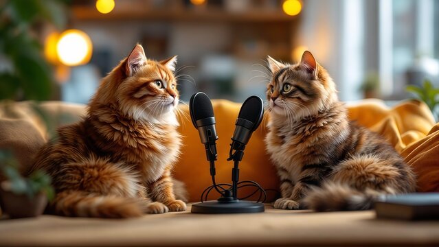 Two Fluffy Long-Haired Cats Recording Podcast with Professional Microphones on Couch