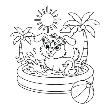 Puppy wearing goggles splashing in kiddie pool tropical outline coloring page