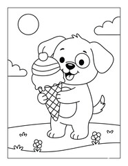Puppy holding ice cream cone cute cartoon outline coloring page illustration for kids