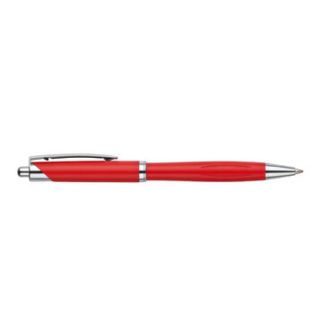 A red pen with silver accents lies on a black background on transparent background
