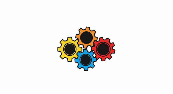 Four colorful interlocking gears arranged in a cluster