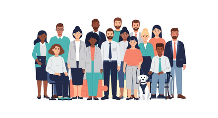 Obraz premium Diverse and Inclusive Business Team Standing Together: Multiracial Professionals, Colleagues with Disabilities and Service Dog