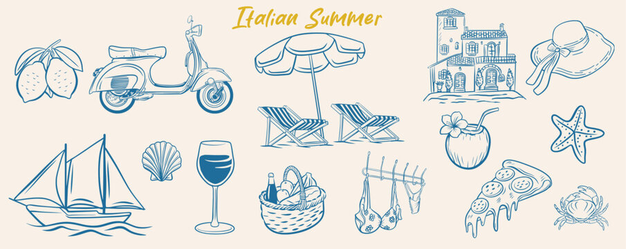 Italian Seaside Summer Doodle Illustration Collection. Hand Drawn Vector Mediterranean Beach Holiday Elements for Party Picnic and Wedding