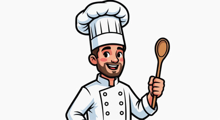 Naklejka premium Vector illustration of a cheerful chef holding a wooden spoon