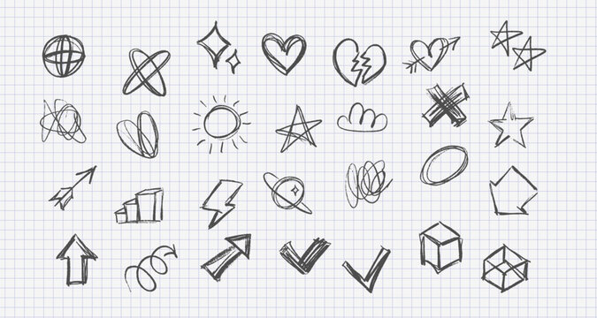 Hand drawn universal icon set on notebook paper. Rough pencil sketches of hearts, stars, arrows, check marks, cross and sun. Messy doodle scribble shapes for planner, social media and web design.