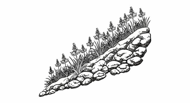 Ink drawing of blooming bluebells on a rocky slope