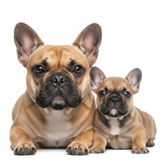 Fototapeta premium Cute Canine Family Featuring an Adult French Bulldog and a Tiny Puppy