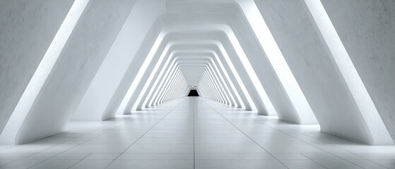 Fototapeta premium Futuristic white corridor with geometric arches and ambient lighting