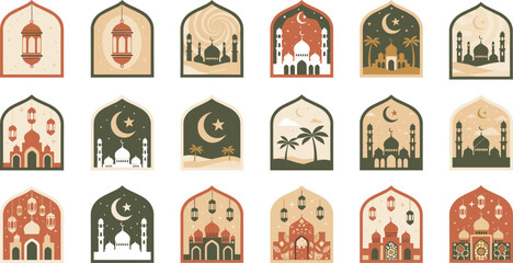 Vector collection of Islamic arch frames featuring lanterns mosques and crescent moons for Ramadan Kareem and Eid Mubarak greeting designs. © Jannatun