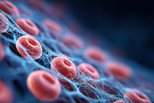 Red blood cell close up with blue fibrin network, microscopic view of blood components, detailed organic shapes in medical science, vibrant and dynamic cellular structure