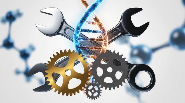 DNA helix intertwines with gears and wrenches in a scientific setting