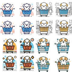 Fototapeta premium Puppy inside shopping cart at market, illustrations 