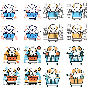 Puppy inside shopping cart at market, illustrations  