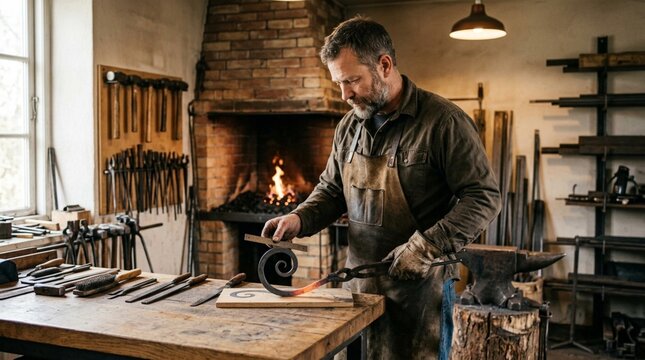 Male blacksmith in workshop shaping metal with tongs, wooden workbench and tools visible, fireplace providing warmth in the background