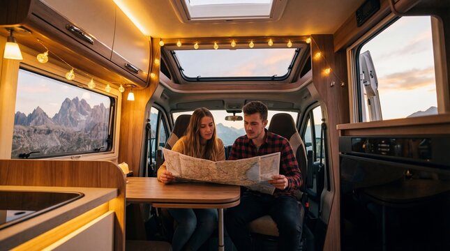 caucasian couple sitting inside cozy camper van looking at paper map. planning road trip route with mountain sunset view. vanlife adventure, travel blog, banner, website header with copyspace.