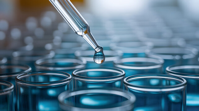 Close-up of a dropper dropping blue liquid into a test tube in a laboratory setting with multiple tubes