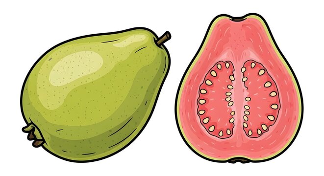 Hand-drawn style vector illustration of a green whole guava and a longitudinal section revealing the pink flesh and small seeds.