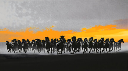 Herd of Wild Horses Galloping Across a Dramatic Sunset Landscape.