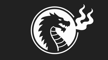 A silhouette of a dragon inside a white circle, with smoke curling from its mouth, set on black