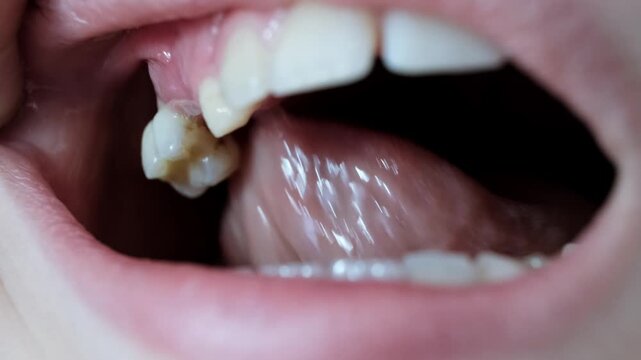 Child moves a milk loose tooth and presses on it with a tongue. Open mouth of a caucasian 9 year old kid. Posterior upper tooth remove. Changing teeth. Healthcare. Body part. High quality 4k footage.