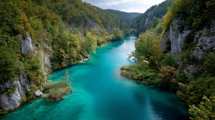 A calm turquoise lake surrounded by dense green forest and rocky cliffs under a moody overcast sky.