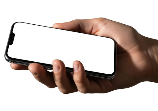 A hand holding a modern smartphone displaying a blank screen isolated on transparent background png,PNG