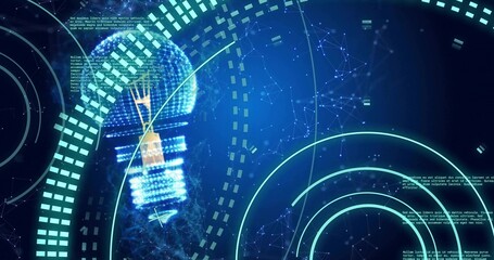 Glowing hologram bulb emitting sparks on dark interface, with amber filament and neon arcs © vectorfusionart