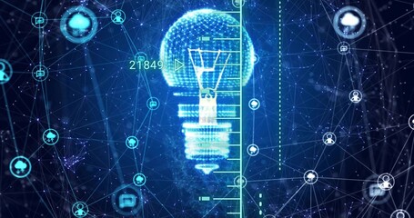 Glowing holographic light bulb hovering in dark navy network, with scale 21849 and node icons © vectorfusionart