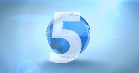 Displaying centered blue globe overlaid by translucent white 5 in digital studio, with lens flare