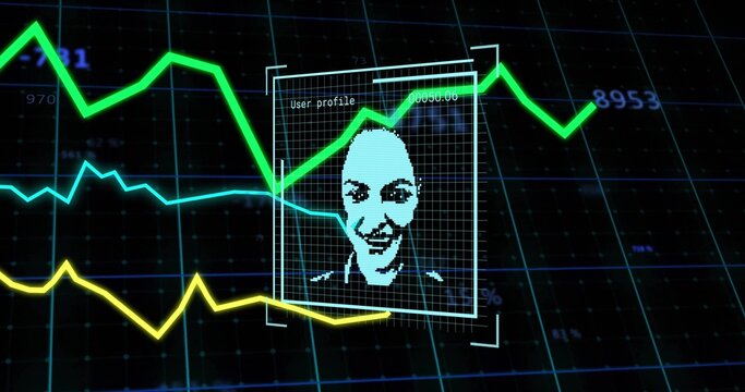 Displaying pixelated user-profile panel on grid dashboard, showing neon green cyan yellow graphs