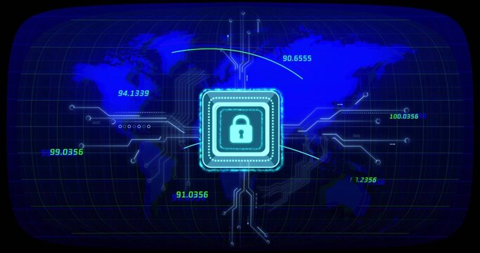 Glowing central cyan padlock chip sitting at deep blue global map, radiating circuit traces