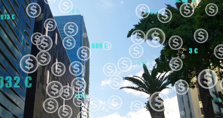 Naklejka premium Floating currency overlay hovering over street canyon with glass towers, palm tree, dollar signs