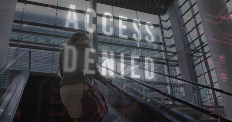 Ascending woman wearing blazer and knee skirt holding handrail on escalator, ACCESS DENIED overlay