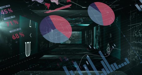 Fototapeta premium Projecting cluster overlaying vertical bar graphs inside data corridor with two large pie charts