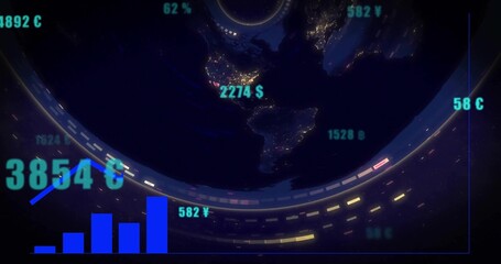 Fototapeta premium Displaying globe showing night lights over Americas, with floating numbers $¥€, ribbon, blue bars