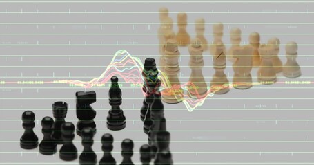 Featuring black chess pieces confronting tan pieces on reflective tabletop, with waveform overlay