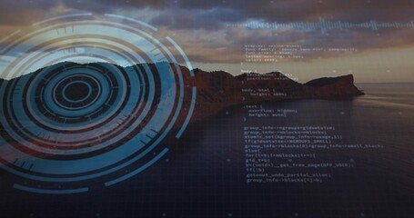 Casting horizon glow and activating concentric HUD rings, rocky headland glowing at dusk with code