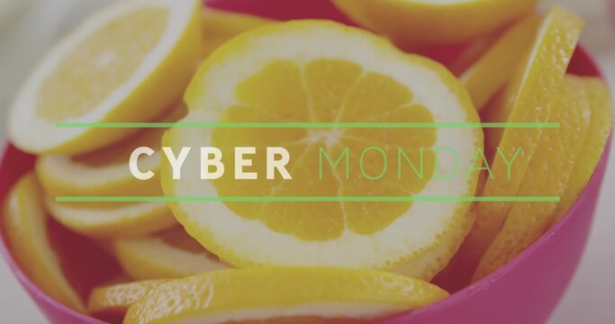Displaying central lemon slice in pink bowl on tabletop, sliced lemons and CYBER MONDAY overlay