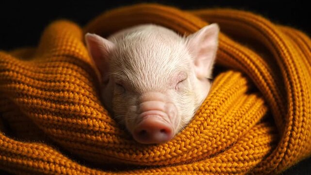Piglet sleeping in wool.