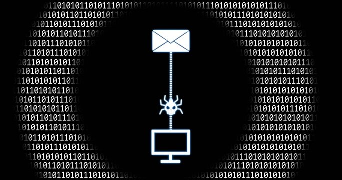 Connecting envelope spider monitor icons pulsing along segmented line in circular cyber ring