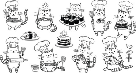 Cute Chef Cat Cooking Vector Illustration Set with Sushi, Noodles, Cake, Fish and Kitchen Utensils Cartoon Kitty Baker Characters © Priyanka